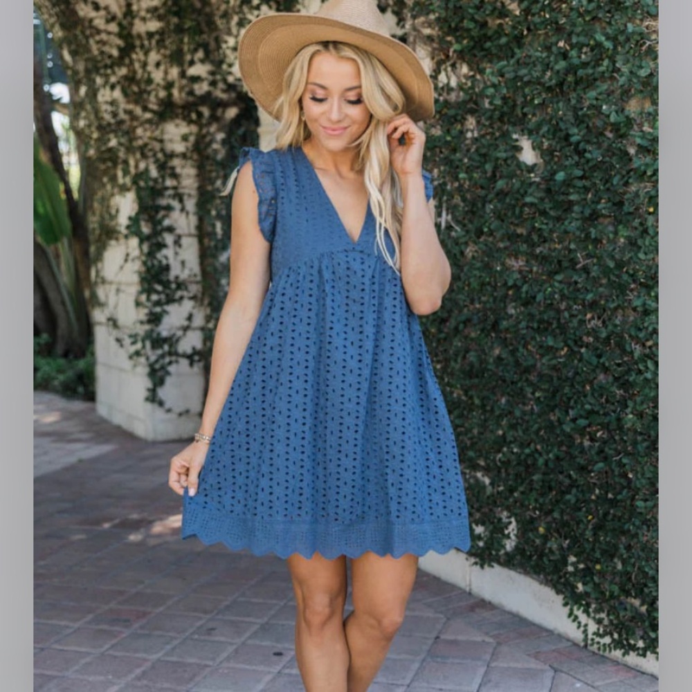 Pink Lily Blue Eyelet Midi Dress